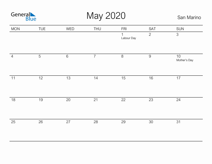 Printable May 2020 Calendar for San Marino