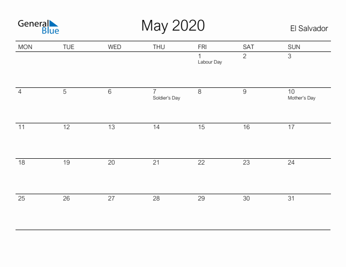 Printable May 2020 Calendar for El Salvador