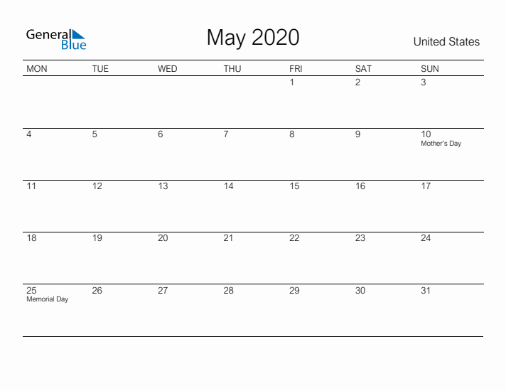 Printable May 2020 Calendar for United States