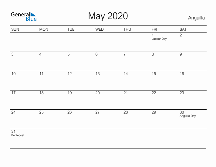 Printable May 2020 Calendar for Anguilla