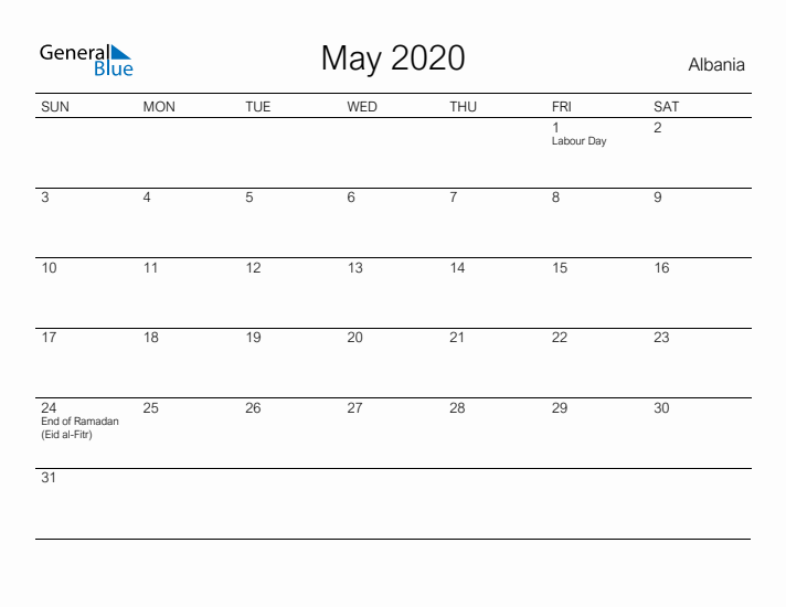 Printable May 2020 Calendar for Albania