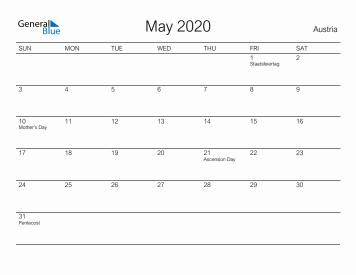 Printable May 2020 Calendar for Austria