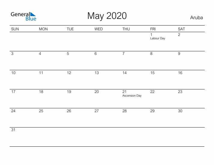 Printable May 2020 Calendar for Aruba