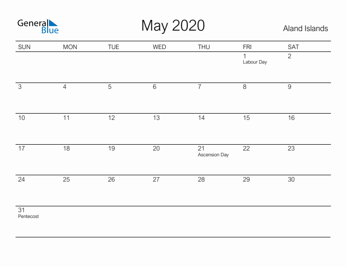 Printable May 2020 Calendar for Aland Islands