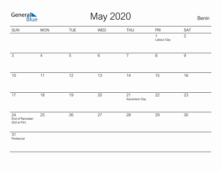 Printable May 2020 Calendar for Benin