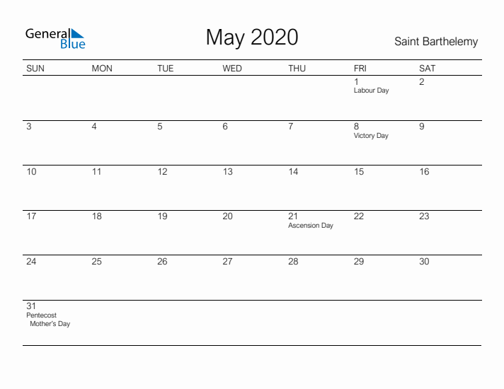 Printable May 2020 Calendar for Saint Barthelemy