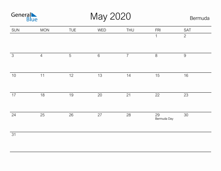 Printable May 2020 Calendar for Bermuda