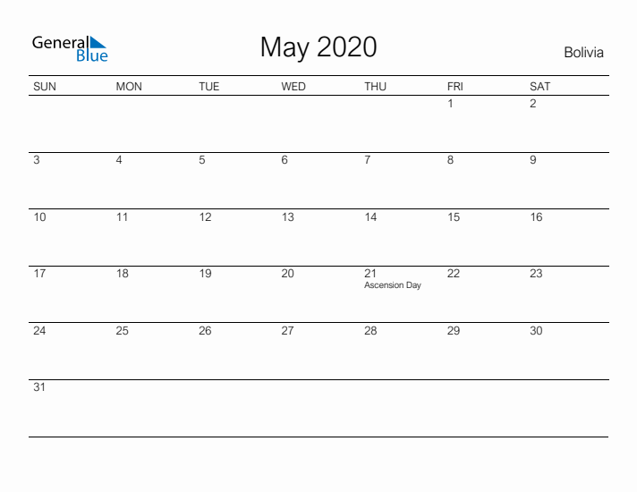 Printable May 2020 Calendar for Bolivia