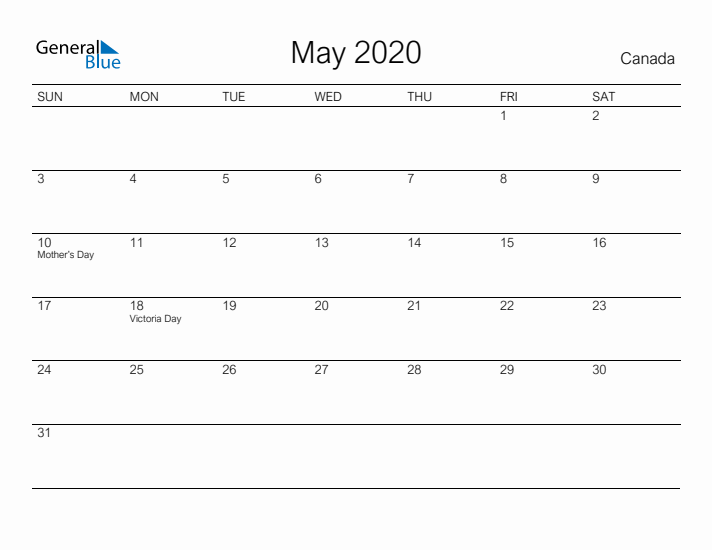 Printable May 2020 Calendar for Canada