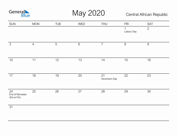 Printable May 2020 Calendar for Central African Republic