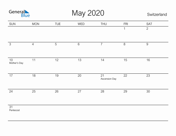 Printable May 2020 Calendar for Switzerland