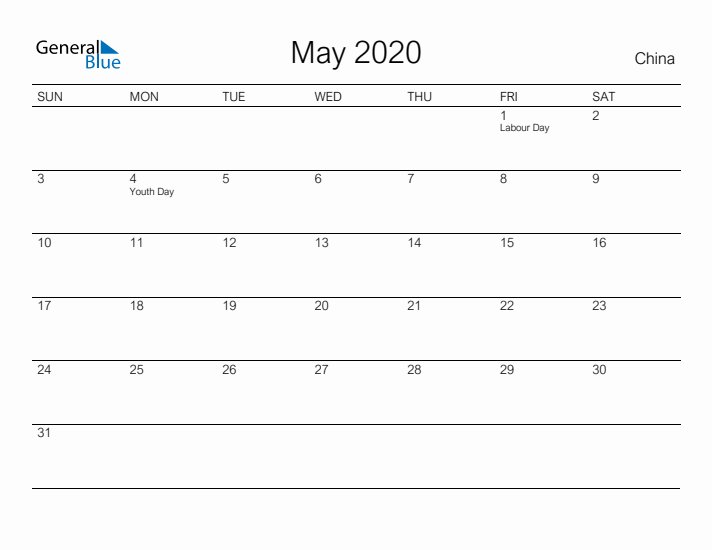 Printable May 2020 Calendar for China