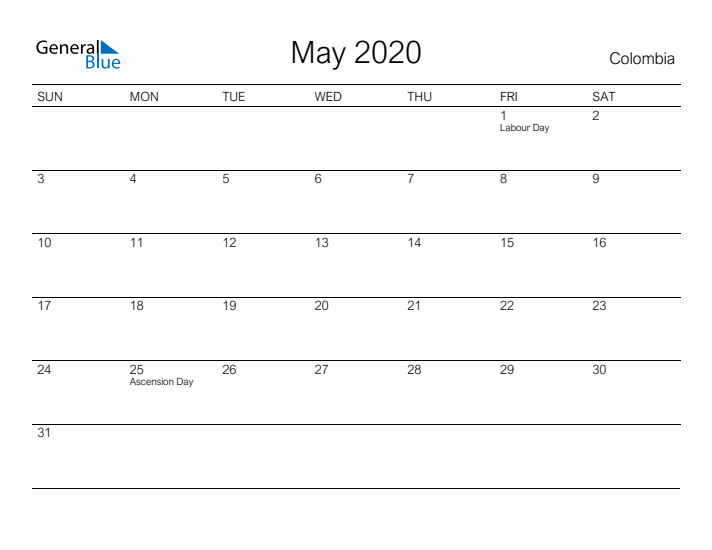 Printable May 2020 Calendar for Colombia