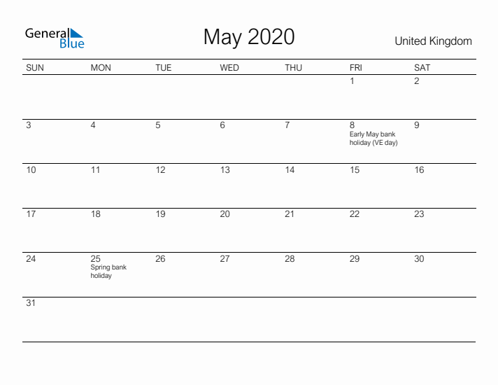 Printable May 2020 Calendar for United Kingdom