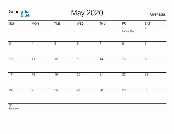 Printable May 2020 Calendar for Grenada