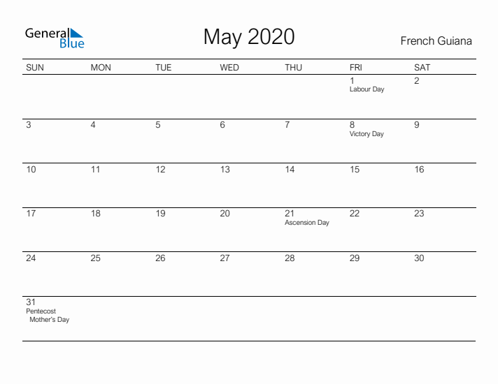 Printable May 2020 Calendar for French Guiana