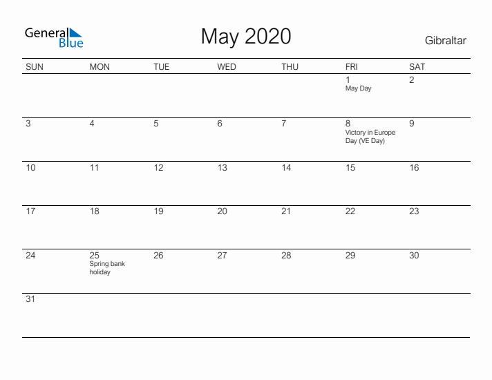 Printable May 2020 Calendar for Gibraltar