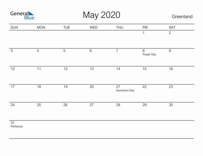 Printable May 2020 Calendar for Greenland