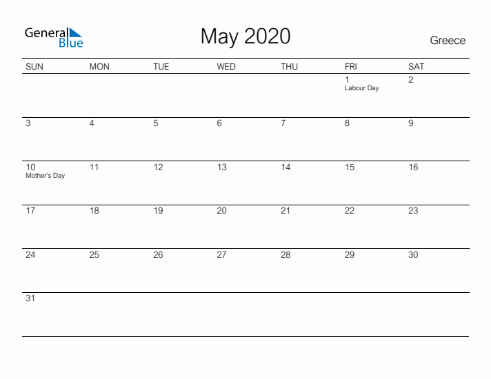 Printable May 2020 Calendar for Greece