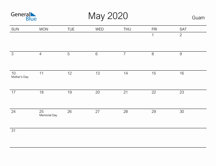 Printable May 2020 Calendar for Guam