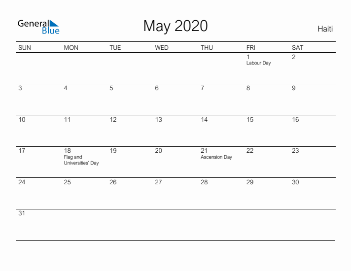 Printable May 2020 Calendar for Haiti