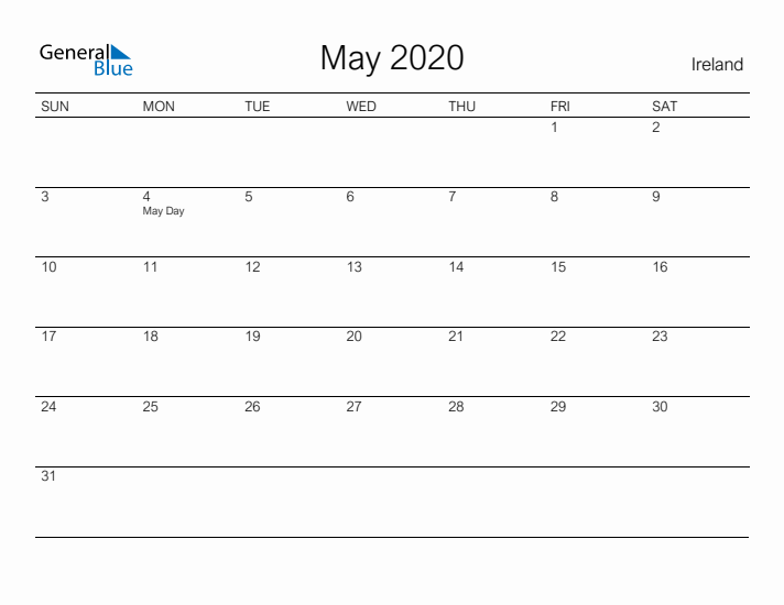 Printable May 2020 Calendar for Ireland