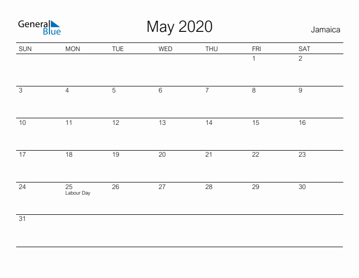 Printable May 2020 Calendar for Jamaica