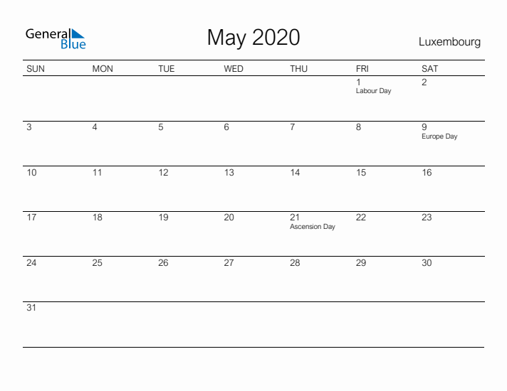 Printable May 2020 Calendar for Luxembourg