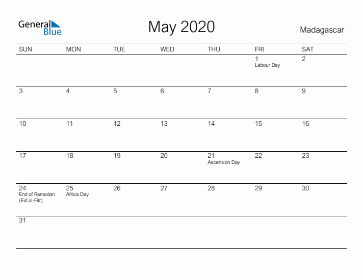 Printable May 2020 Calendar for Madagascar