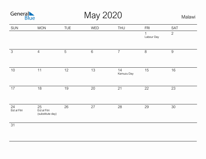 Printable May 2020 Calendar for Malawi