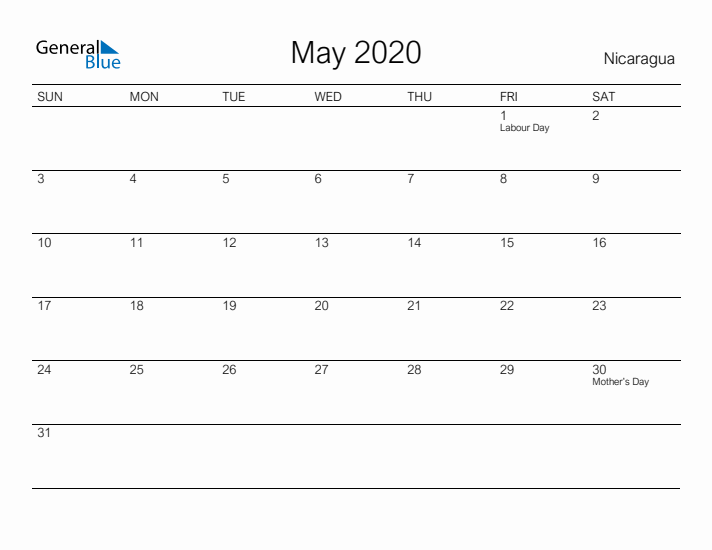 Printable May 2020 Calendar for Nicaragua