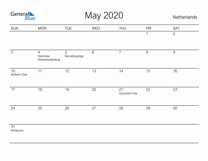 Printable May 2020 Calendar for The Netherlands