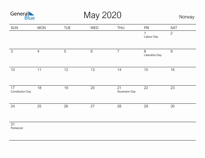 Printable May 2020 Calendar for Norway