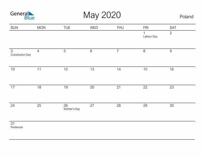 Printable May 2020 Calendar for Poland