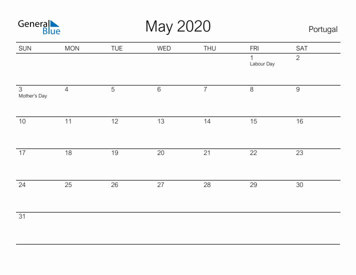 Printable May 2020 Calendar for Portugal