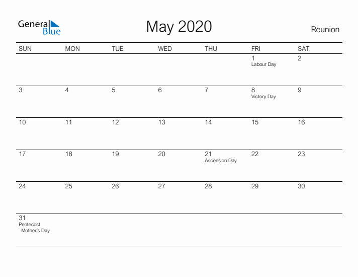 Printable May 2020 Calendar for Reunion