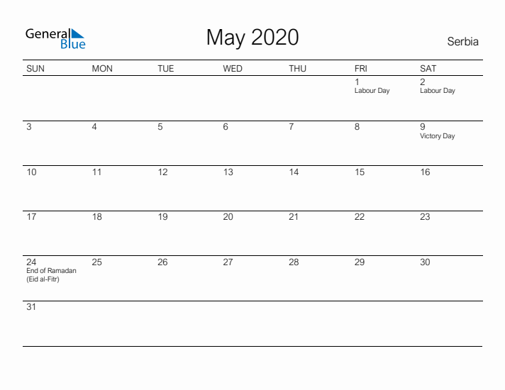 Printable May 2020 Calendar for Serbia