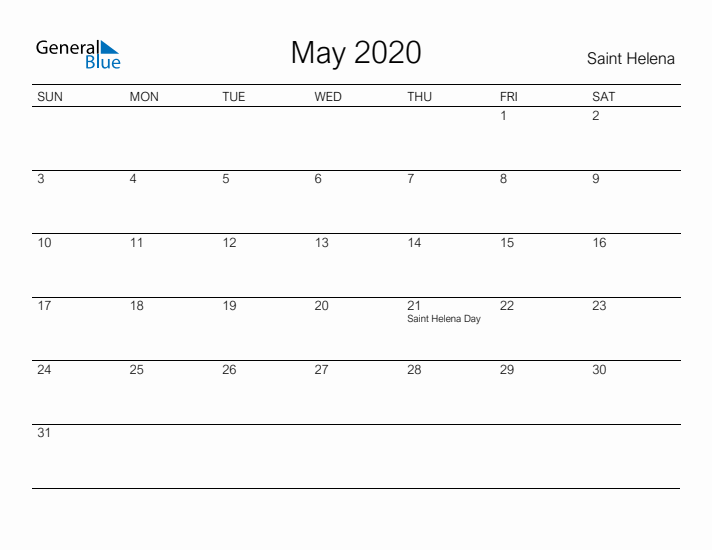 Printable May 2020 Calendar for Saint Helena