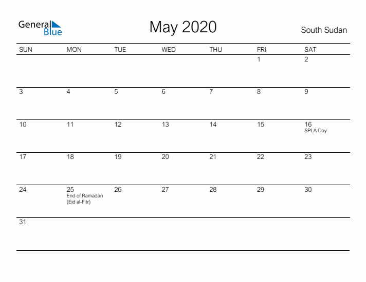 Printable May 2020 Calendar for South Sudan