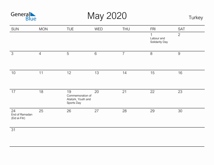 Printable May 2020 Calendar for Turkey