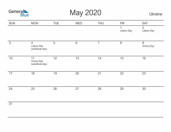 Printable May 2020 Calendar for Ukraine