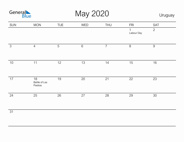 Printable May 2020 Calendar for Uruguay