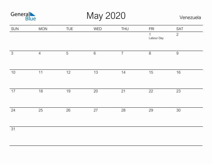 Printable May 2020 Calendar for Venezuela