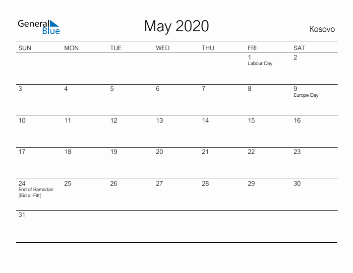 Printable May 2020 Calendar for Kosovo