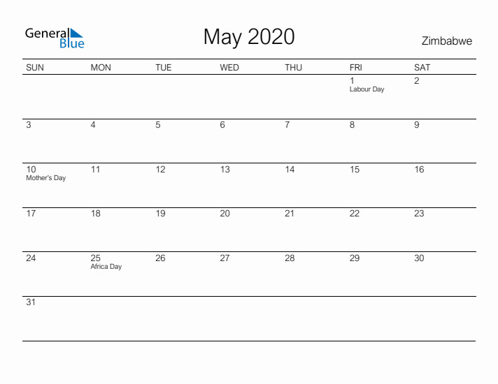 Printable May 2020 Calendar for Zimbabwe