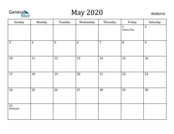 May 2020 Calendar Andorra