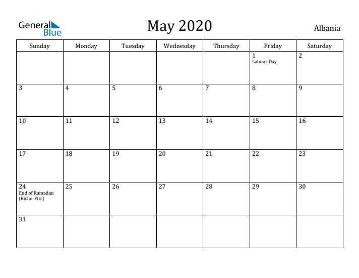 May 2020 Calendar Albania