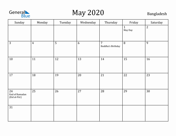 May 2020 Calendar Bangladesh