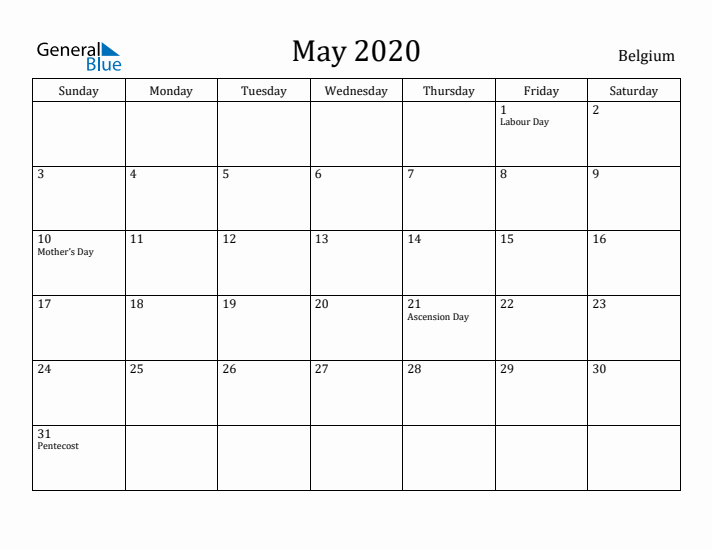 May 2020 Calendar Belgium