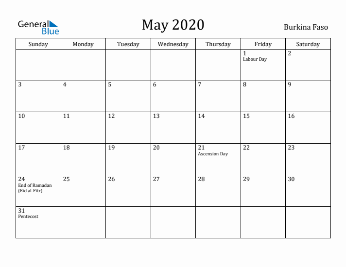 May 2020 Calendar Burkina Faso